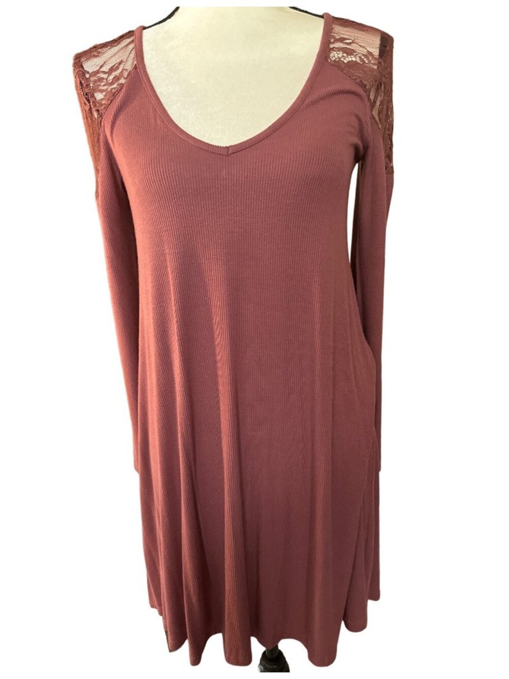 American Eagle Outfitters Tunic Dress M Pink Mauve Ribbed Knit Flare Open Back